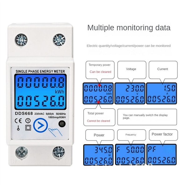 DIN-skena Digital Enfas Zero-Energi Mätar KWh AC 110V Elektrisk LCD
