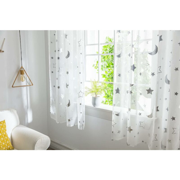Stjerner og måne mønster gennemsigtige voile gardiner til vinduesdekoration, stanglommegardiner og draperinger til soveværelse, kontor, stue, sølv, 2 paneler