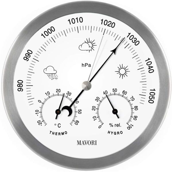 Analogt Vejrstation til Indendørs og Udendørs med Rustfrit Stålramme i Elegant Design - Bestående af Barometer, Hygrometer og Termometer