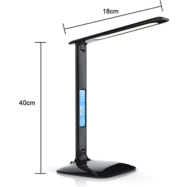 LED-skrivbordslampa med trådlös laddare, USB-laddningsport, justerbar hopfällbar bordslampa med klocka, alarm, datum, temperatur, 5-stegs dimbar belysning