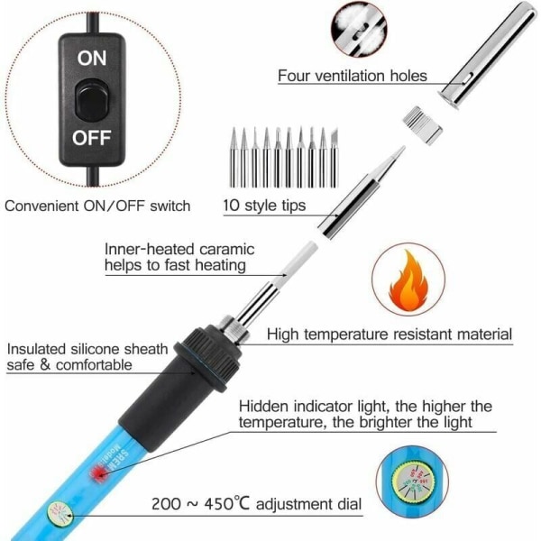 Lödkolv [Uppgraderad] Precision Tennslödkolv med PÅ/AV-brytare, Justerbar temperatur 200-450℃, 9 i 1-kit, 5 Lödkolvspetsar, Lödtenn