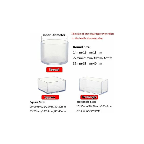 16-pack PVC-fötter för stolsben, rektangulära, anti-repor, 20 x 30 mm, transparenta