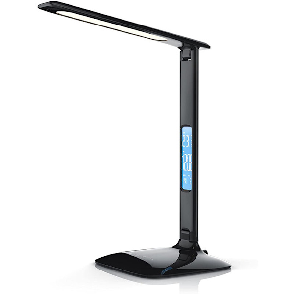 LED-skrivbordslampa med trådlös laddare, USB-laddningsport, justerbar hopfällbar bordslampa med klocka, alarm, datum, temperatur, 5-stegs dimbar belysning