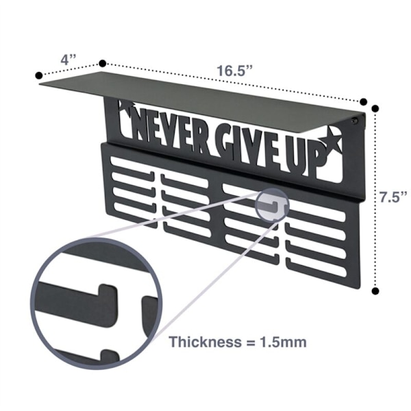 Medal Display Stand med Hylde - 'Never Give Up' - Til Trofæer og Medaljer, Nem Montering, B