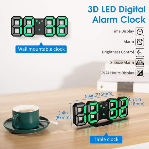 3D LED-seinäkello, digitaalinen seinäkello, digitaalinen kello, 3D LED-herätyskello 3 säädettävällä kirkkaudella Digitaalinen valkoinen