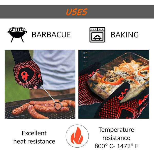 Värmebeständig ugnsvante, brandskyddad spisvätte, motståndskraftig upp till 800 °C, 1472 °F, EN407-certifiering för skydd mot termiska risker, värmebeständig grillvante