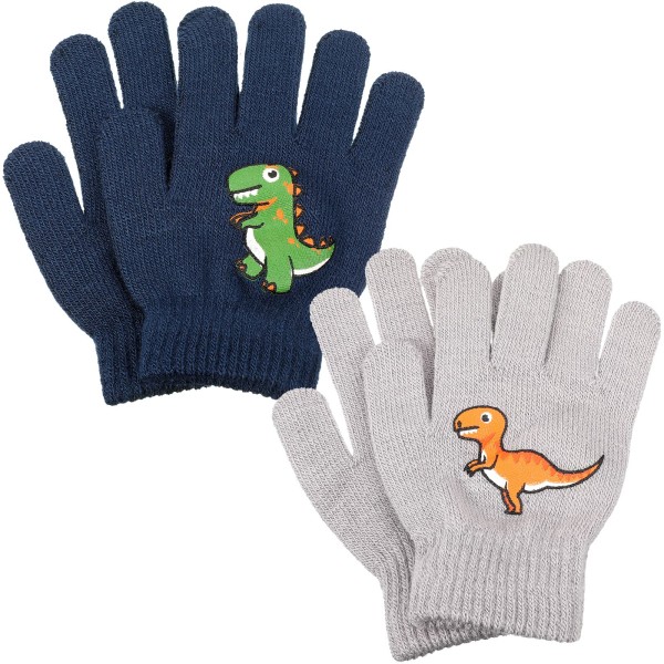 2 par stickade vinterhandskar Magic Stretch Soft Warm Full Finger Kids Dinosauriemönster för pojkar, flickor, marinblå och grå, 6 x 3,34 tum