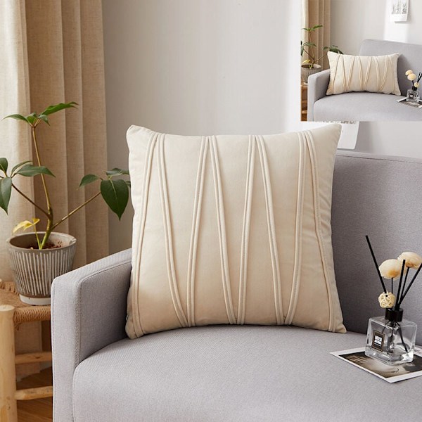 Sæt med 4 Pudebetræk Tredimensionale Geometriske Striber Fløjl Dekorative Pudebetræk Hjem Stue Sofa Soveværelse (30x50cm, Beige)