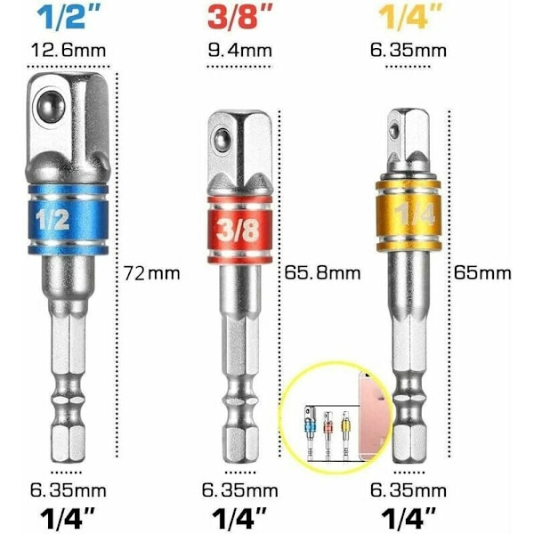 Flexibel borrchuck 105° adapter - 3 sladdlösa skruvmejseladaptrar (1/4, 3/8, 1/2\"), 1 flexibel vinkeladapter.