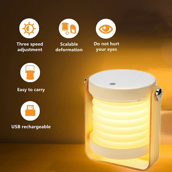 Bordlampe, Bærbar Foldbar Teleskopisk Nattelys, LED Leselampe med Trehåndtak, 3 Lysstyrkenivåer, Justerbar Lysstyrke, USB-Lading, E