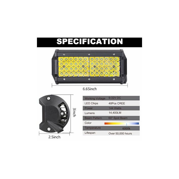 LED arbeidslys for traktor 144W 16,5cm bil LED spotlight 12-24V LED arbeidslys stripe vanntett IP67 LED arbeidslys for 4X4 bil lastebil SUV båt 2 pak
