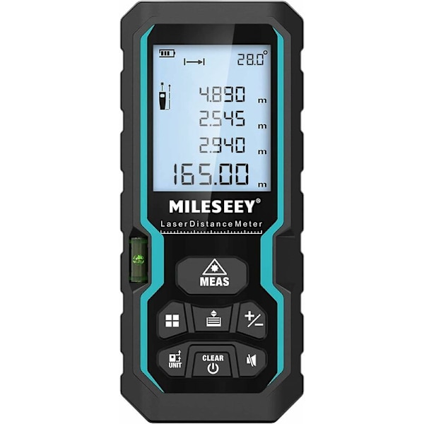 Digitalt laseravståndsmätare, Mileseey 50m/165ft Lasermätare med elektronisk nivå & LCD-bakgrundsbelysning, IP54 m/in/ft/ft+in Pythagoras mät avstånd A