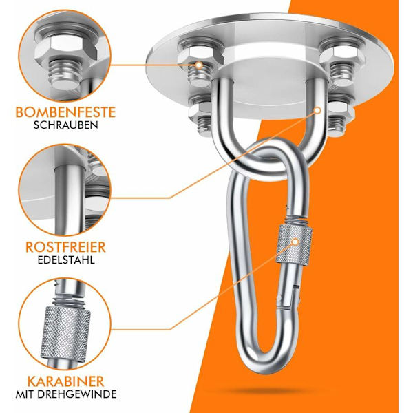 Premium-luokan ruostumattomasta teräksestä valmistettu riippuva kattokoukku jopa 400 kg:n kuormitukselle - sopii riippumatoille, nyrkkeilypussille, sling-trainerille, joogapyyhkeille, varjostimille ja keinuille