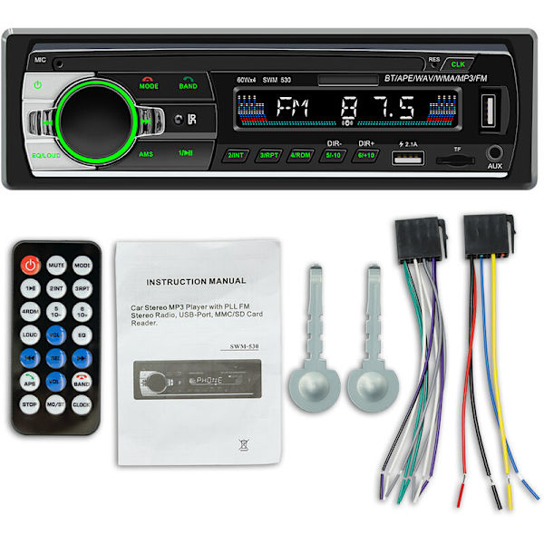 Bluetooth-autoraadio, 1 DIN -autoraadiovastaanotin MP3 WMA FM -soittimella, kaukosäätimellä, kahdella USB-portilla, handsfree-stereolla 4 x 60W, tukee iOS:ää ja Androidia (N