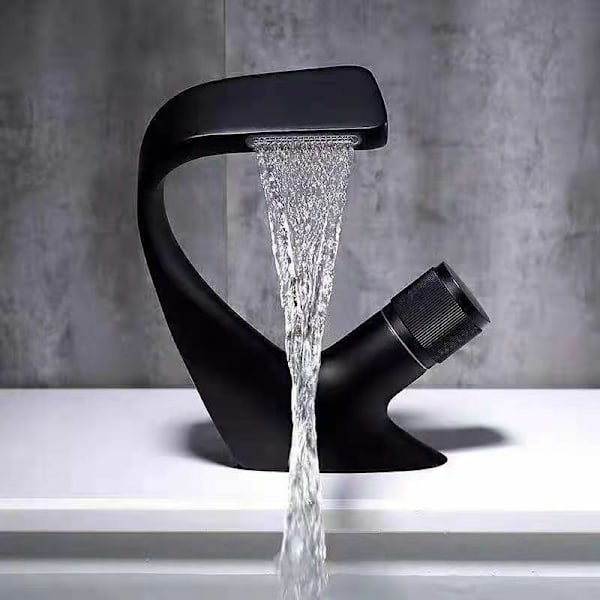 Vandfald Enkelt Huls Vask Armatur, Messing Badeværelsesvask Armatur, Luksus Designer Badekar Vask Armatur (Sort, 18x13cm)