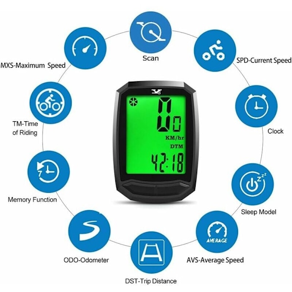Vedenpitävä ja langaton polkupyörän nopeusmittari maantiepyörään, polkupyörän tietokone, matkamittari LCD-näytöllä ja useilla toiminnoilla--