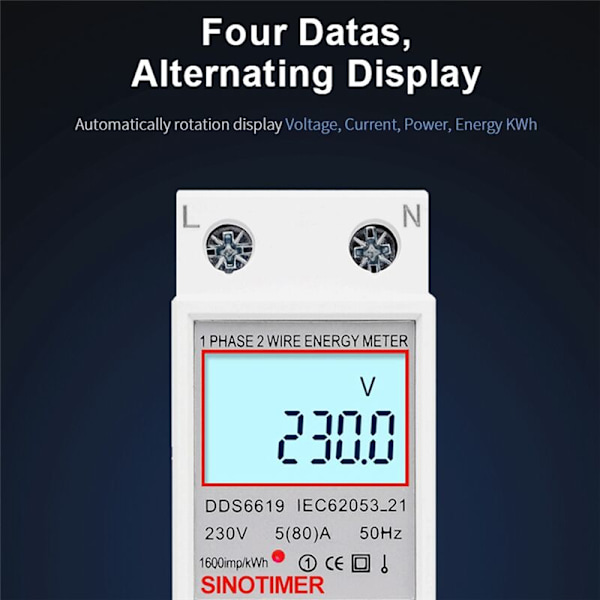 DDS6619-008 LCD Digital Wattmeter 1-fas tvåtråds Strömförbrukning Elmätare KWh AC 230V 50Hz