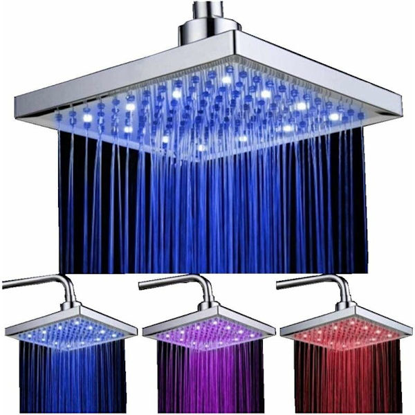 LED Duschhuvud, 8 Tums Kvadratisk Temperaturkontroll, 3 Färgväxlande ABS Kromfinish, LED Duschhuvud för Badrum
