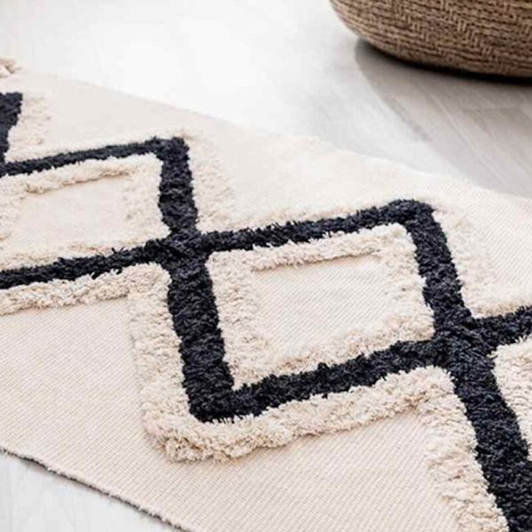 Tuftad etnisk vindmatta svart bomull hampa dörrmatta sovrum sängbord fotpall soffbord golvmatta