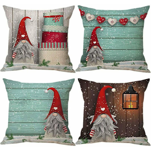 GNOME Juleputetrekk 45x45cm Sett med 4 Juledekorasjoner Putetrekk Juledekorasjon for Innendørs, Sofa, Soverom, Vinterferiegave