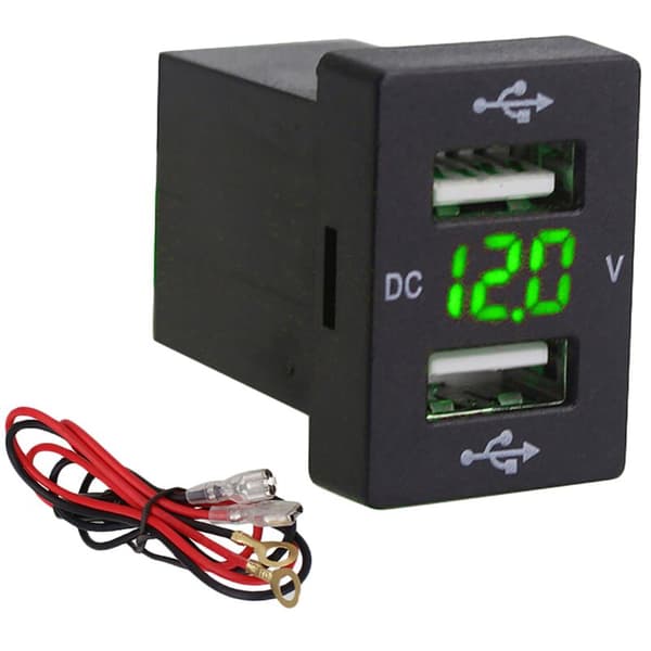2X 12V Billader til bil med sikring til 5V 4.2A telefon LED-display voltmeter (grøn)