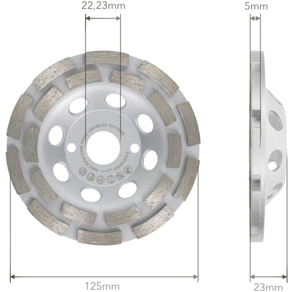 Premium diamantslipestål slipeskive 125 mm universal betong 125 mm x 22,2 mm dobbelt rad slipeskive