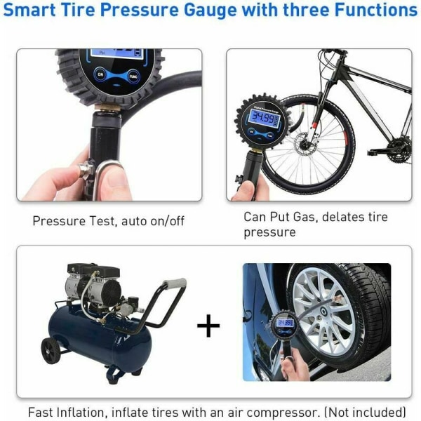 Digital dæktryksmåler 250 PSI, høj nøjagtig digital dæktryksmåler med pumpepistol til bilmotorcykelcykler, 2 AAA batterier, LCD Dis