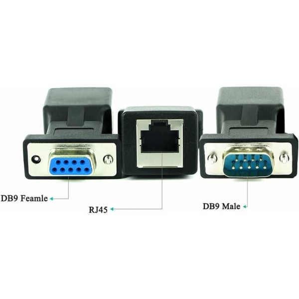 RJ45-RS232-sovitin, sarjallinen portti DB9 9-pin uros RJ45 naaras Cat. 5e/6 Ethernet LAN -jatkosovitin, 2 kpl (uros+naaras)