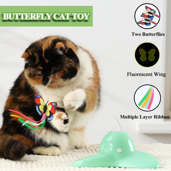 Interaktivt innendørs katteleke 360° elektrisk roterende sommerfugl Katt kjedsomhet lindrende leketøy (grønn)