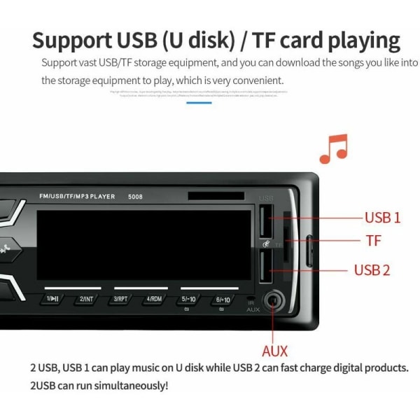 Bilradio Bluetooth Bilradio, 1Din Bilradio, 4x60W Bilradio 7 Färger FM Stereo Radio USB/SD/AUX/EQ/MP3-spelare Bilradio Pioneer-Fei Yu
