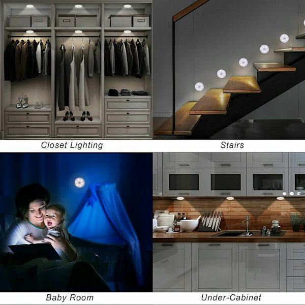 Automatisk LED Natlys, Indendørs Bevægelsessensor Lampe, Trådløse LED Lamper, 3 Tilstande (Auto/Tændt/Slukket), LED Skabslampe, USB Genopladelig Lampe til Vitrine
