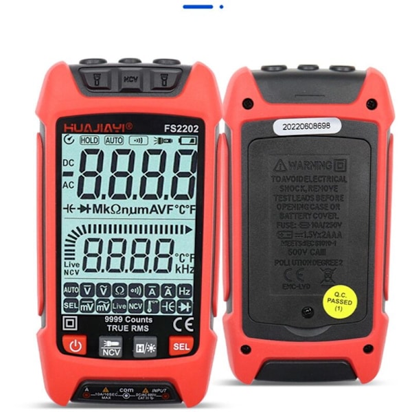 FS2202 Auto Range Digital Multimeter 9999 Counts TRMS AC DC Voltmeter Amp NCV Resistor Capacitance Transistor Tester A