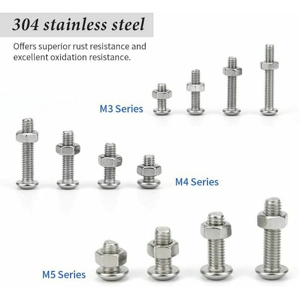 304 Rostfritt Stål M3 M4 M5 Bultar och Muttrar Set - 500 Stycken - Hexagonhuvud Knapp - Skruvar med Förvaringslåda