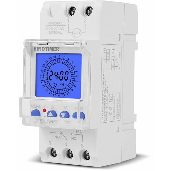 Elektronisk klokke med LCD-skjerm - 24 timers programmerbar timer - Intelligent analog bryter - DIN-skinne