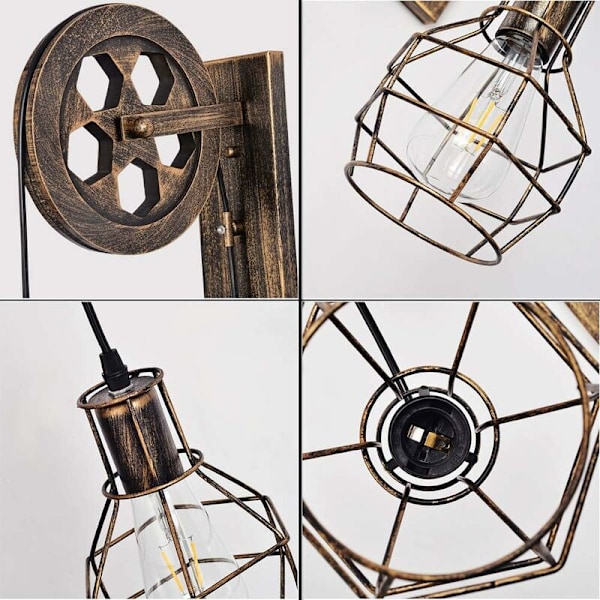 1 Lysarmatur Industriel Mid Century Retro Jern Vægslamper Loft Trækhjul Vægslampe Funktioner Den Matte Jernbur Lampe Skærm til Indendørs Belysning Lade
