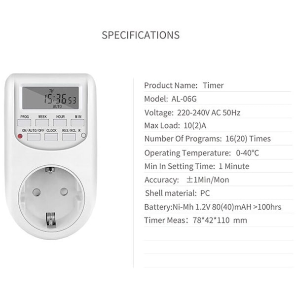 Elektrisk Digital Stikkontakt med Timer 220V Programmerbar Ugentlig Tidskontrol EU