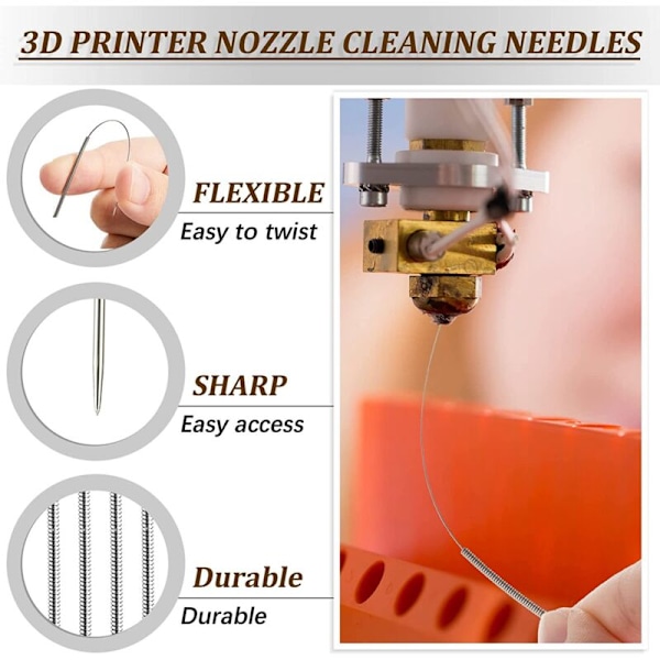 Til de fleste 3D-printerdyse-rengøringskits, 10 x 0,35 mm nål, 10 x 0,4 mm messing, 1 x pincet, 1 x dyse-nøgle,