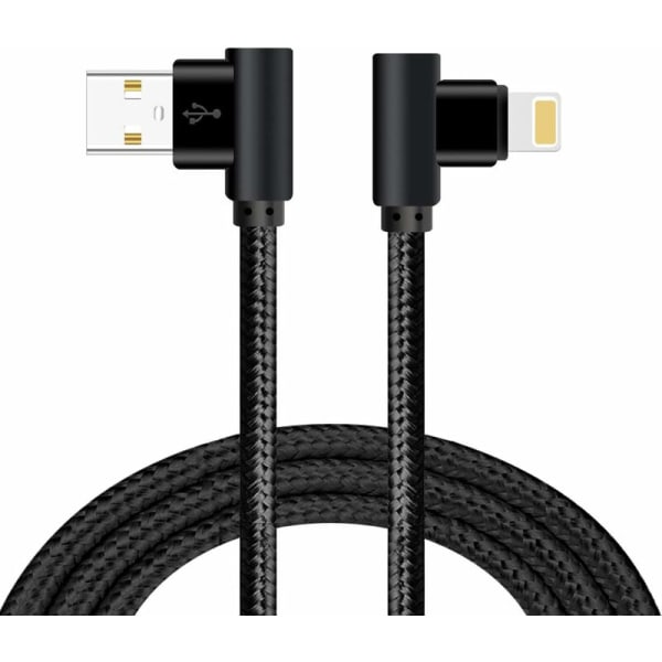 Telefonkabel, lyn til USB-kabel [90 grader rett vinkel] i flettet nylonfiber for iPhone 12pro / 12/11 / X / XS / 8/7/6/5 - [Sort, 6FT / 2M]