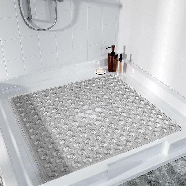 Halksäker Duschmatta för Badkar, 21 x 21 Tum, Mjuk Kvadratisk Badmatta för Badkar med Sugkoppar och Avloppshål, Badrumsmatta, Maskintvättbar