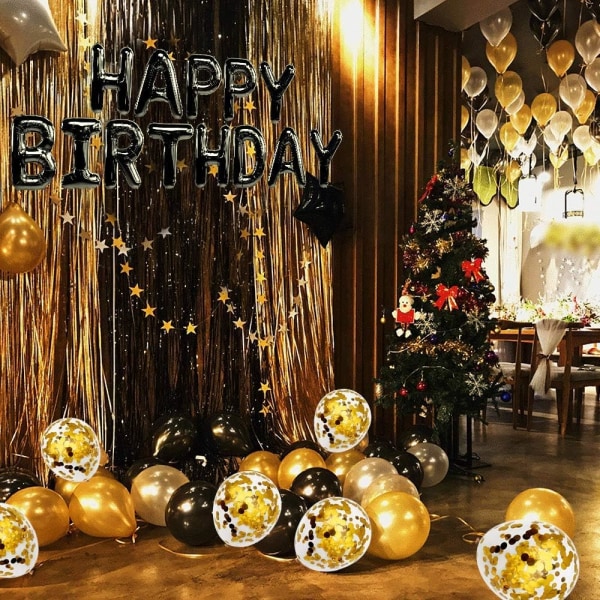 Konfetti ballonsæt, tilbehør til fødselsdagsfest, Pom Pom duge dekorationssæt (sort og guld)