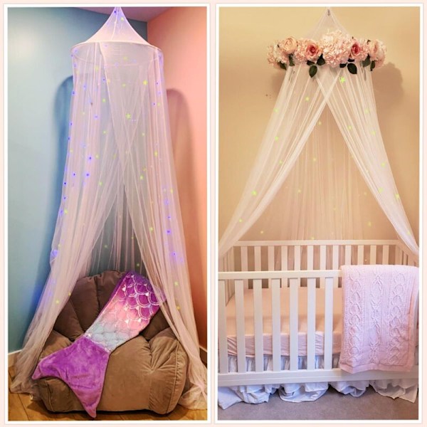 Myggnett, senghimmel med fluorescerende fosforescerende stjerner, senghimmel for baby, barneseng