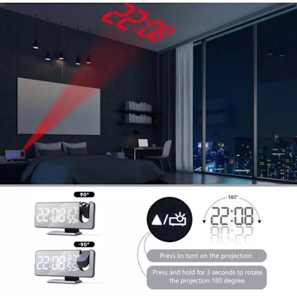 Projektionsväckarklocka, digital LED-väckarklocka med 180° projektion, radioväckarklocka med USB-port, stor LED-skärm, dubbel väckarklocka med snooze-funktion, 4 ljusstyrkor