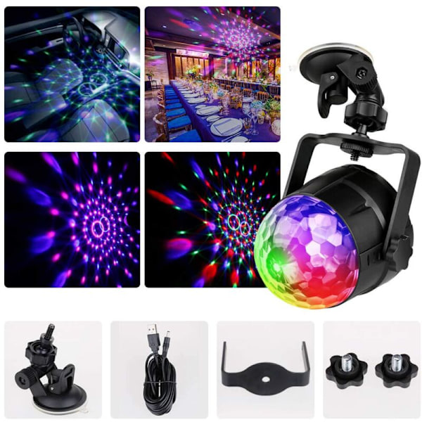 Discokule LED Discolys med 15 lysformer, Discolyseffekter 360° roterbart RGB-festlys LED-discokule med USB-kabel for jul,