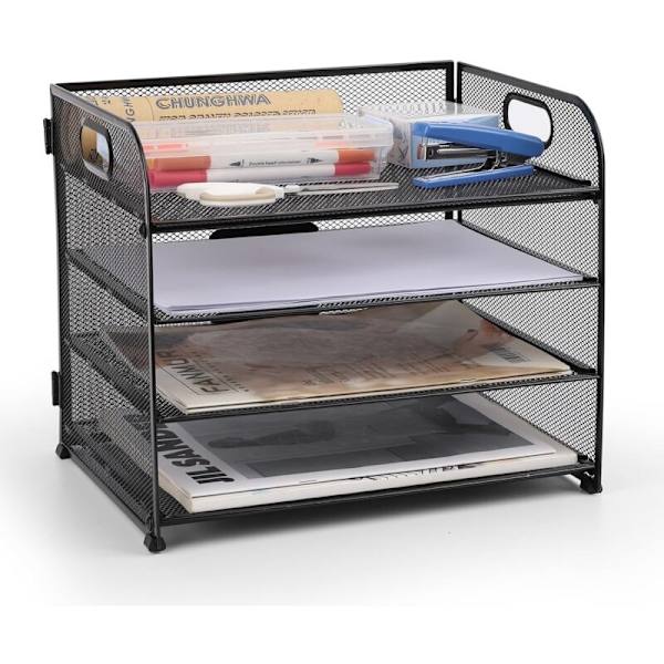 Metallnett Brevkurv - Skrivebordsarrangør - A4 Dokument Holder - for Hjem, Kontor, Skole (4 Trinn)