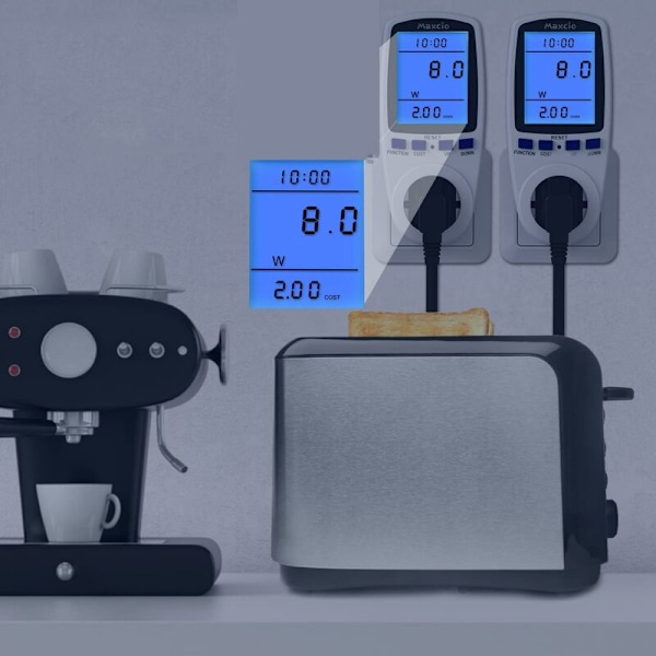 Pistorasi energia-mittarilla, LCD-näyttö, 16A, 230V, 50Hz, virrankulutus, virta, jännite, maksimiteho 3680 W, valkoinen