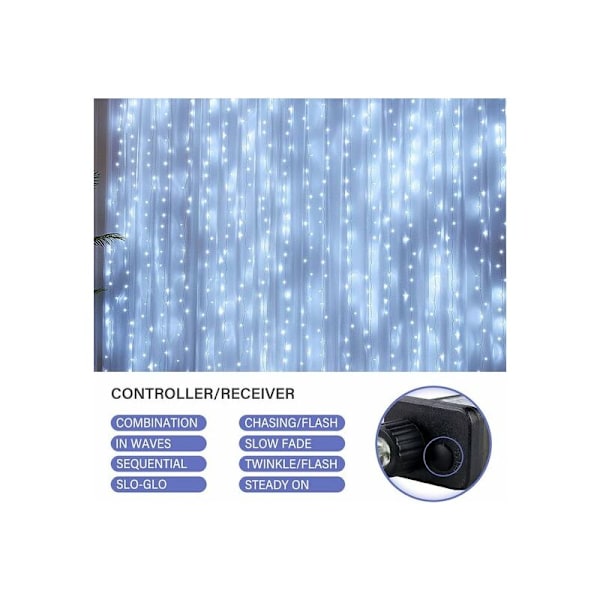 LED Gardinlys, Snefnug, Eventyrlys, 33m 300 LED'er, IP44 Vandafvisende, Lange LED Lysstreng med 8 Mønstre, Fjernbetjening - Kold Hvid