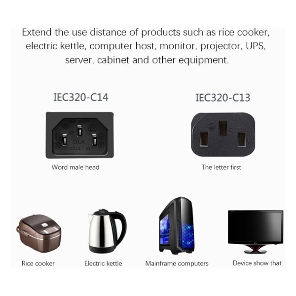 Strømkabel, helkobber forlengelseskabel høy effekt flammehemmende Iec320 C13-C14 varmebestandig for vertsdatamaskiner (E)
