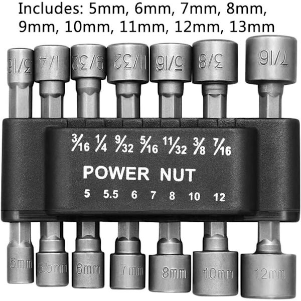 Tillbehör för skruvmejslar Set med 14 hylsor 5-13 mm - 1/4 hexagonadapterhylsa - För sladdlös borr eller skruvmejsel