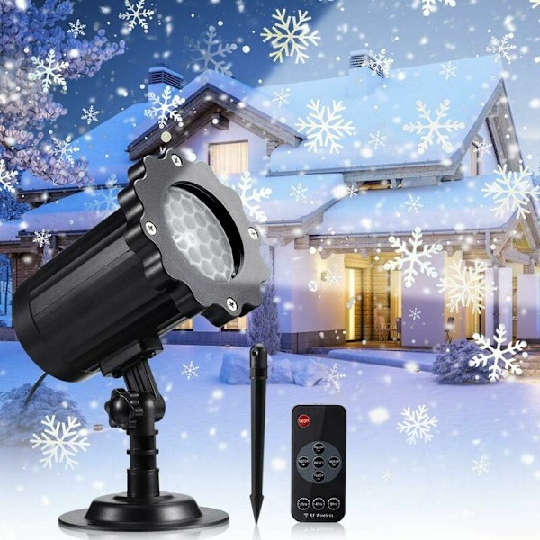 LED-projektorlampa med snöflingor för jul, inomhus och utomhus, snöeffekt med trådlös fjärrkontroll och synkronisering