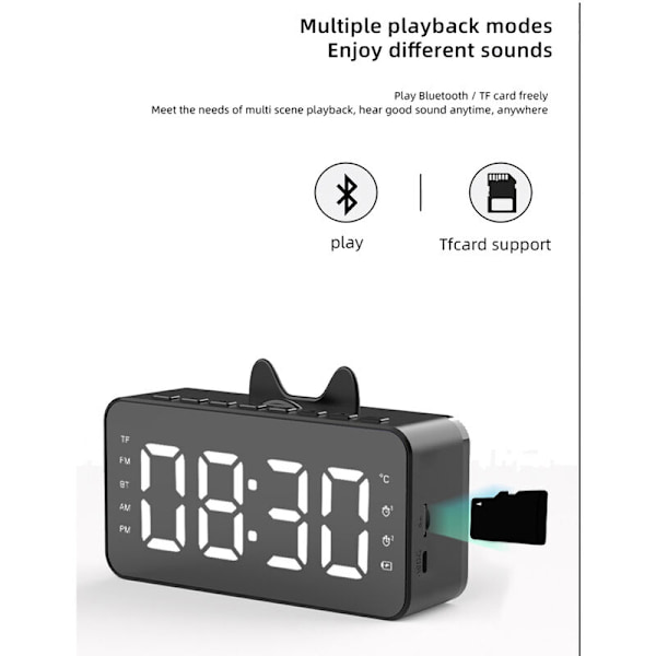 Multifunktionell väckarklockradio skrivbordsur LCD-display Bluetooth-kompatibel musikuppspelning digital väckarklocka för hemmakontor vit